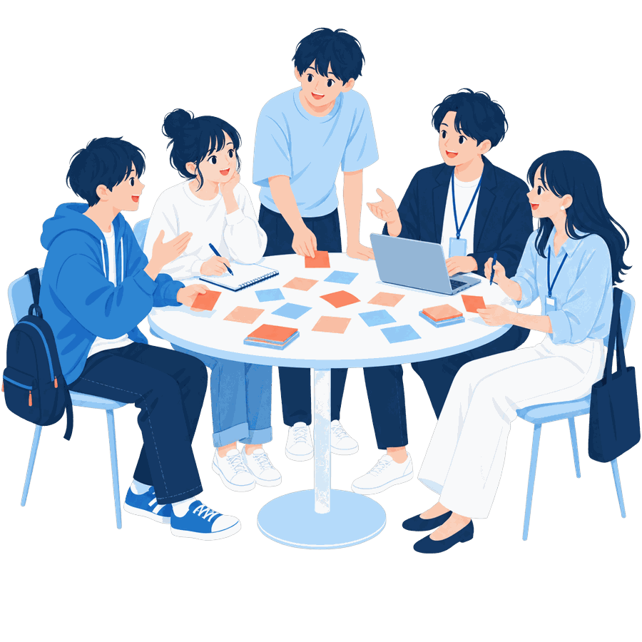 丸テーブルを囲んでアイデアを出し合う学生とスタートアップの社員