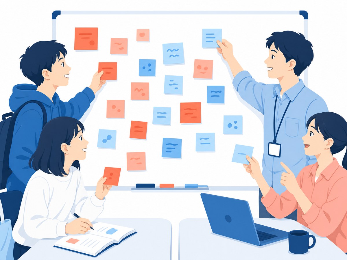 付箋を貼りながら話す学生とスタートアップの社員