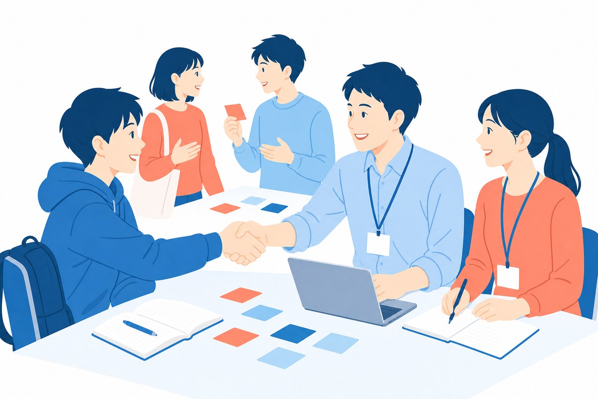 学生とスタートアップの社員が握手している様子