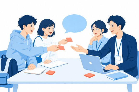アイデアを書いた付箋を企業の人に渡す学生