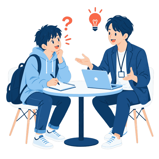 スタートアップの社員と向かい合って考えている学生