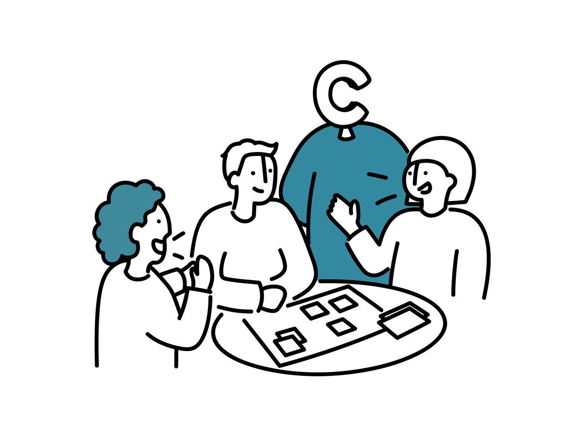 付箋を出し合いながら話すキャラクターたちのイラスト