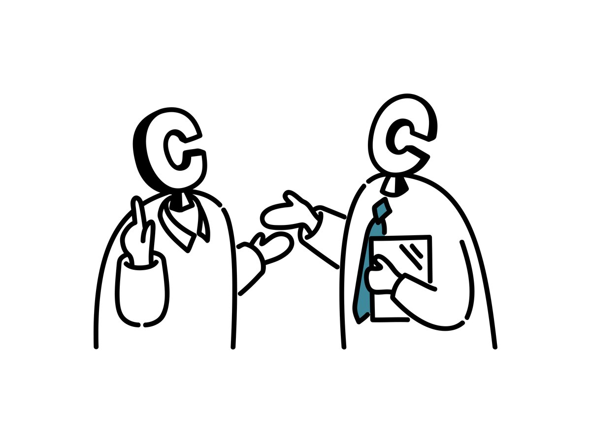 資料を示して話し合う2人のキャラクターのイラスト