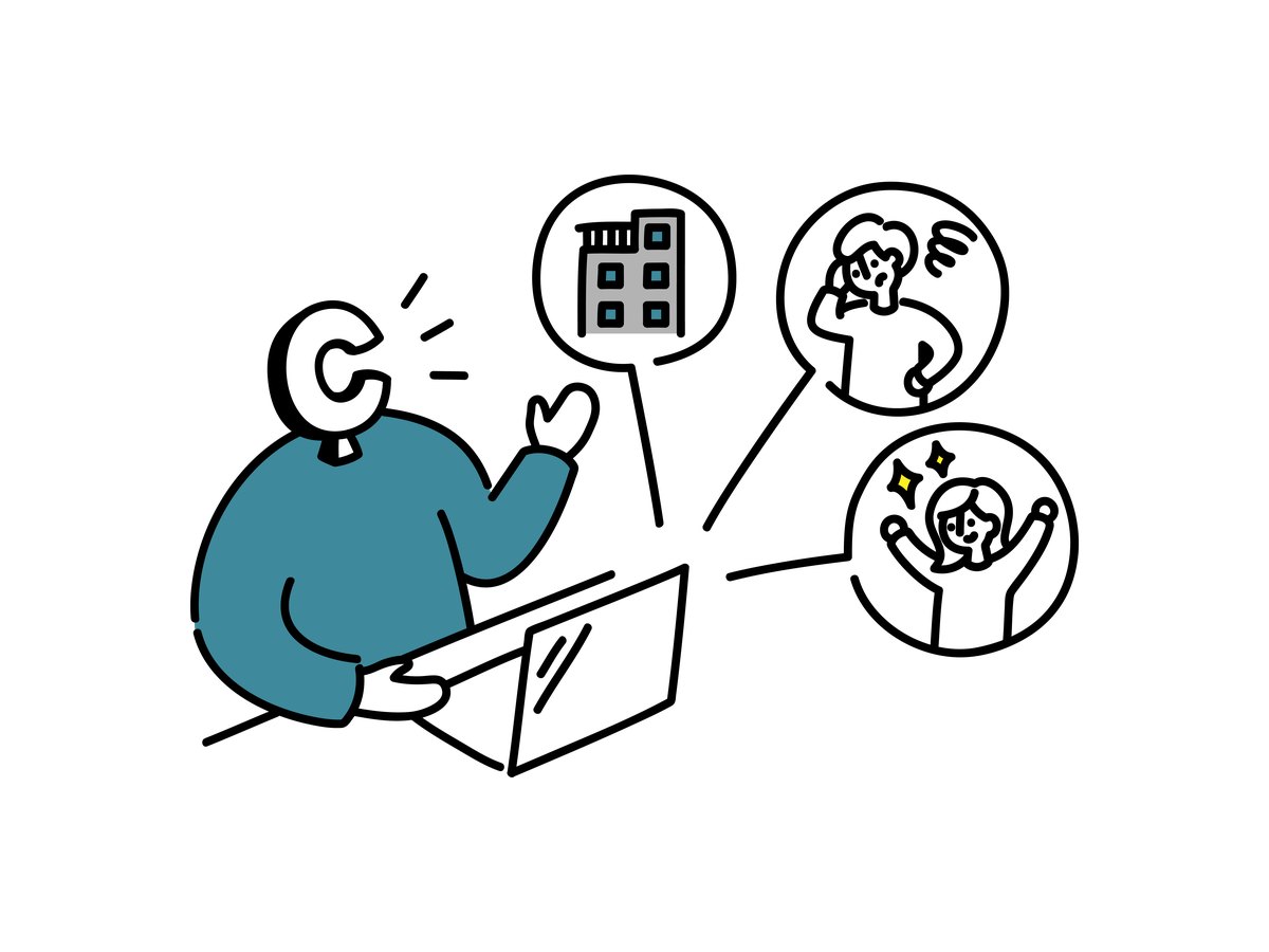 アイデアを企業に届けるキャラクターのイラスト