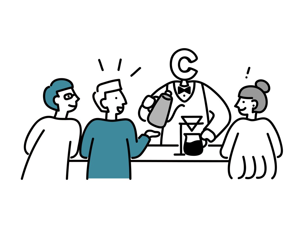 カウンターで飲み物を手に話すキャラクターたちのイラスト