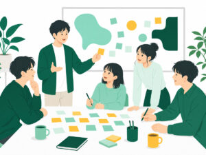 テーブルを囲んだワークショップのイラスト